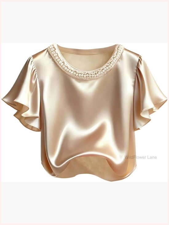 Tops - Elegant Satin Ruffle Short Sleeve Blouse Pearl Crew Neck Summer Top